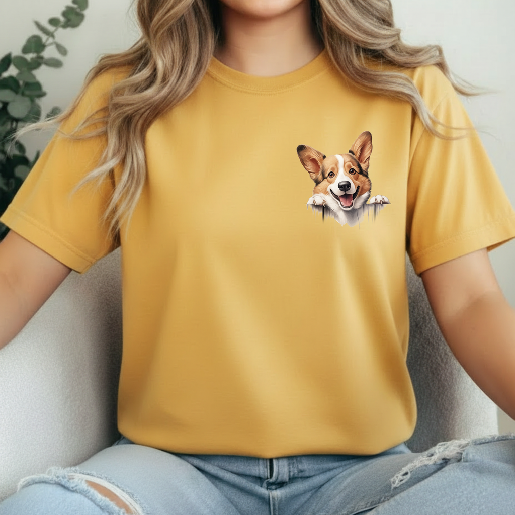 Corgi Peek Pocket T‑Shirt — Cute Dog Face Tee for Pet Lovers