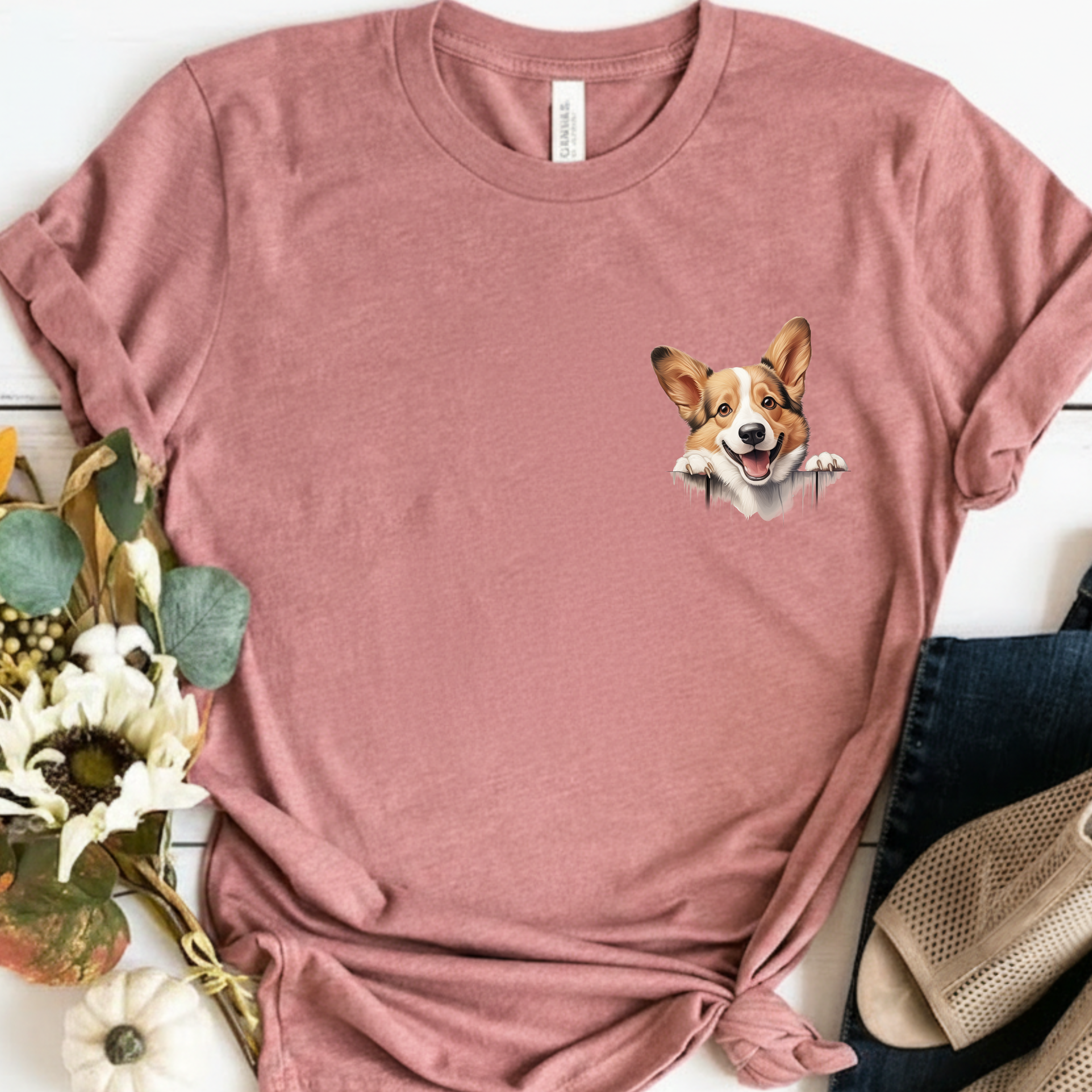 Corgi Peek Pocket T‑Shirt — Cute Dog Face Tee for Pet Lovers