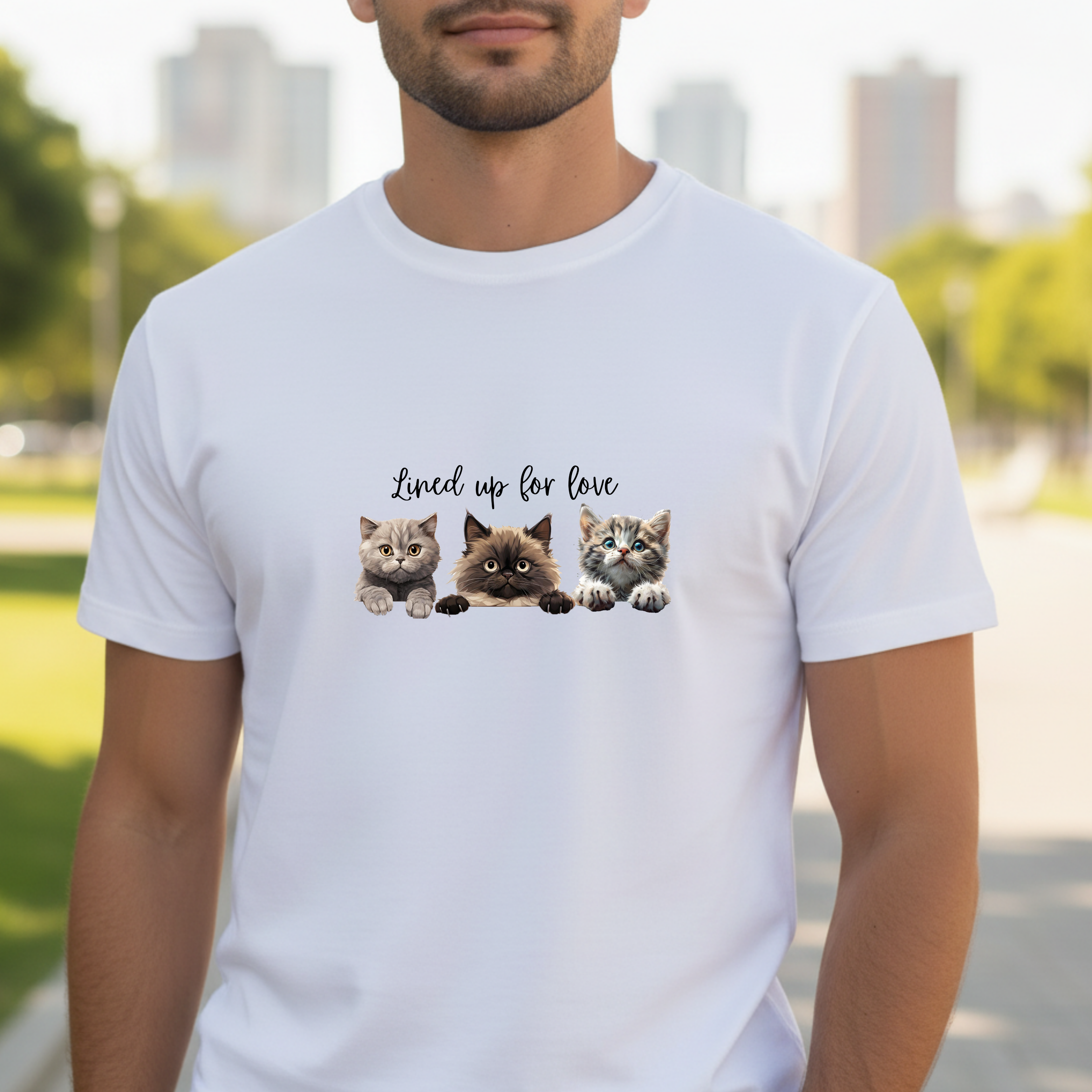 Cat Lover T-Shirt — 'Lined Up for Love' Cute Kitten Graphic Tee