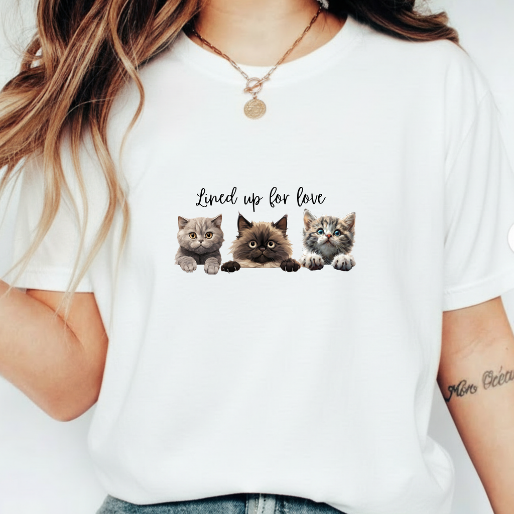 Cat Lover T-Shirt — 'Lined Up for Love' Cute Kitten Graphic Tee