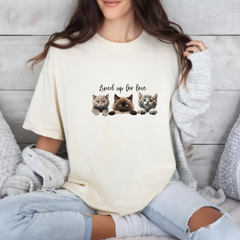 Cat Lover T-Shirt — 'Lined Up for Love' Cute Kitten Graphic Tee