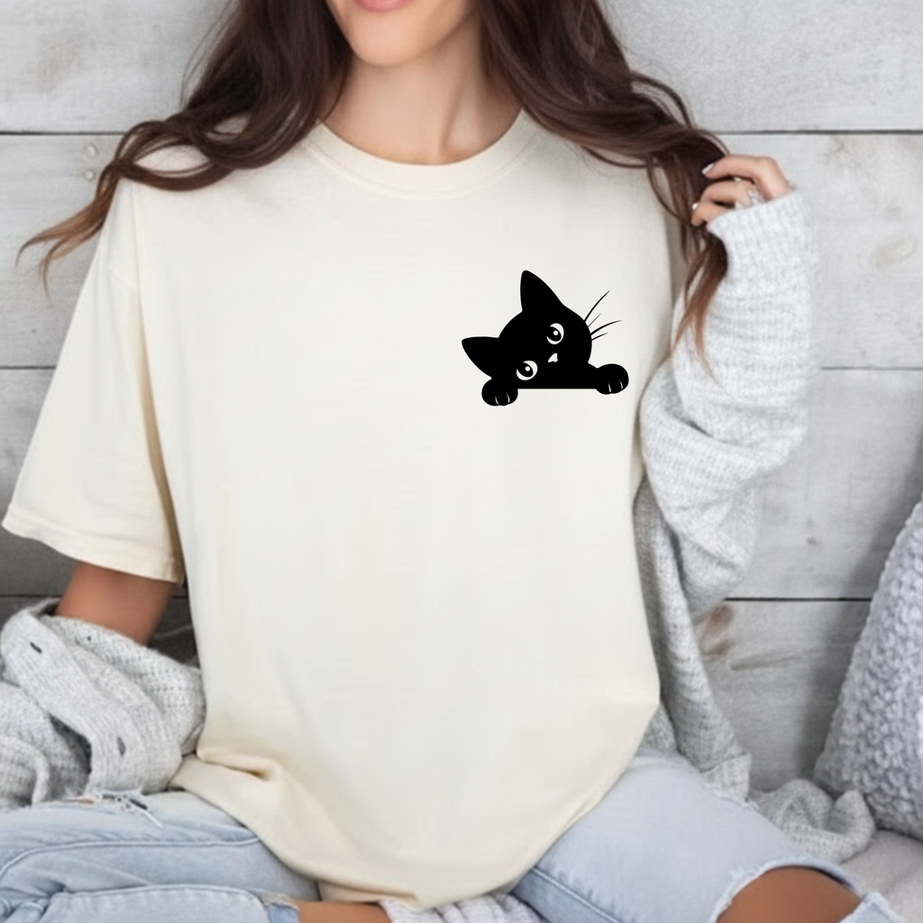 Peekaboo Cat Pocket Tee — Cute Minimalist Cat T-Shirt