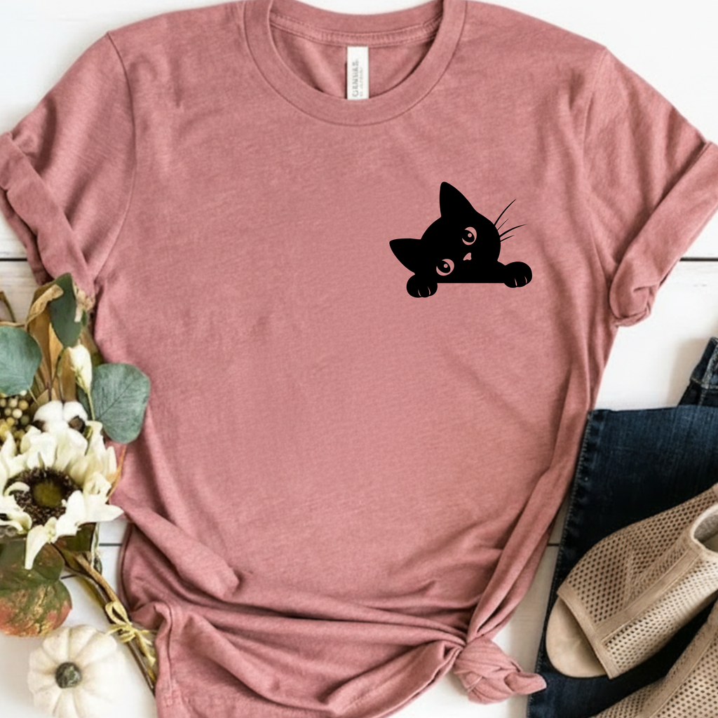 Peekaboo Cat Pocket Tee — Cute Minimalist Cat T-Shirt