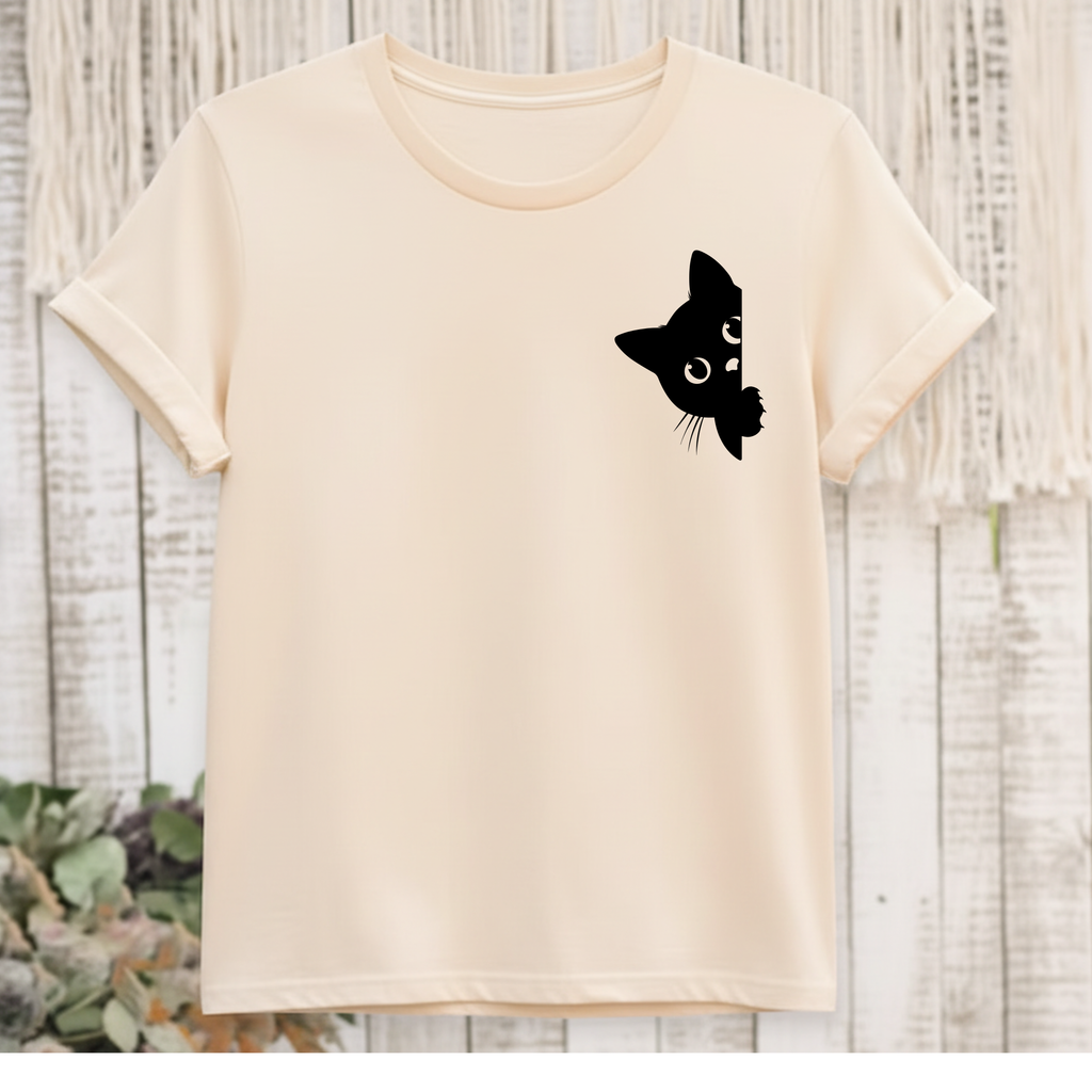 Peekaboo Cat Pocket T-Shirt — Minimal Cute Kitty Tee