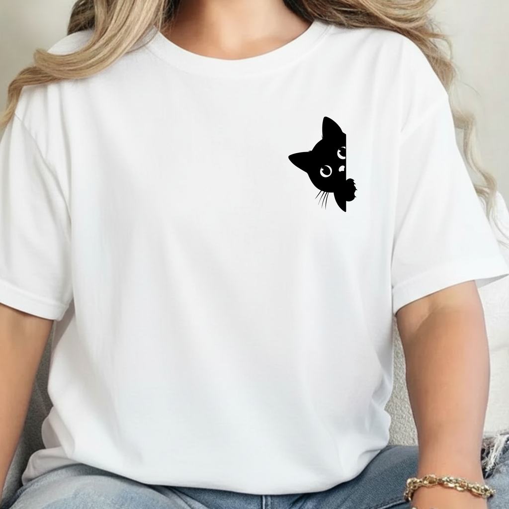 Peekaboo Cat Pocket T-Shirt — Minimal Cute Kitty Tee