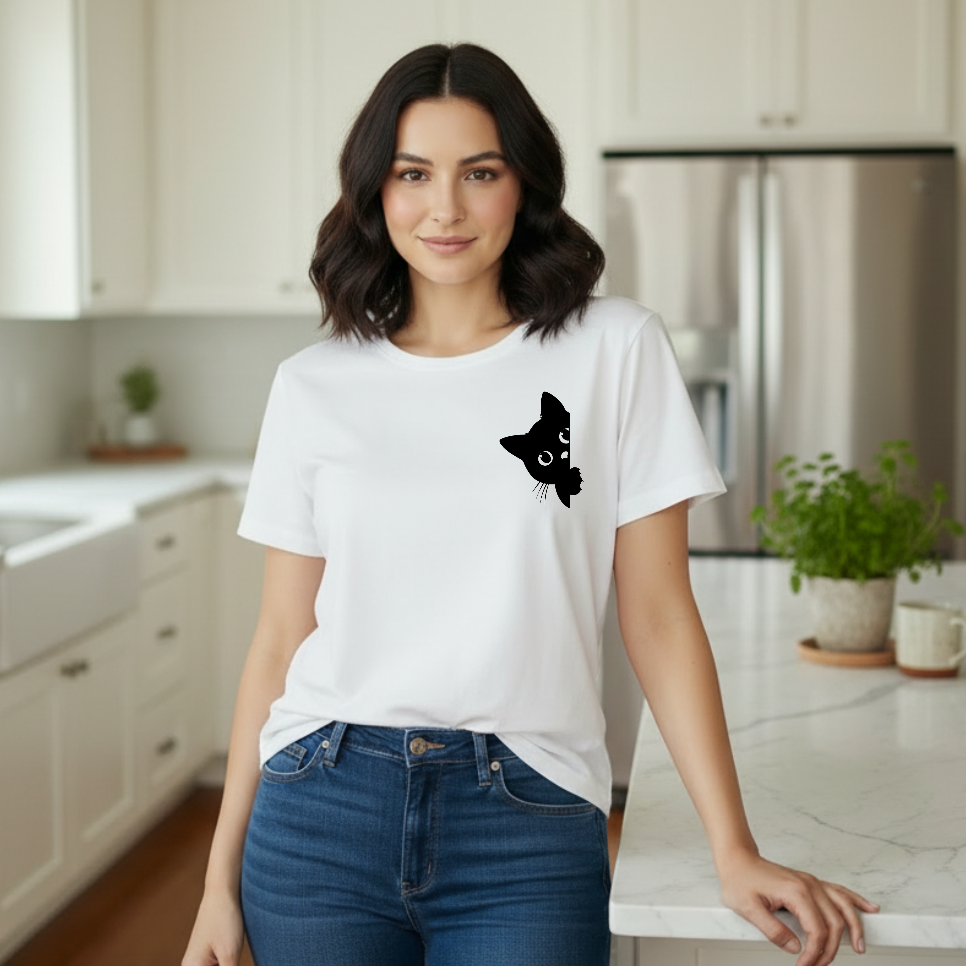Peekaboo Cat Pocket T-Shirt — Minimal Cute Kitty Tee