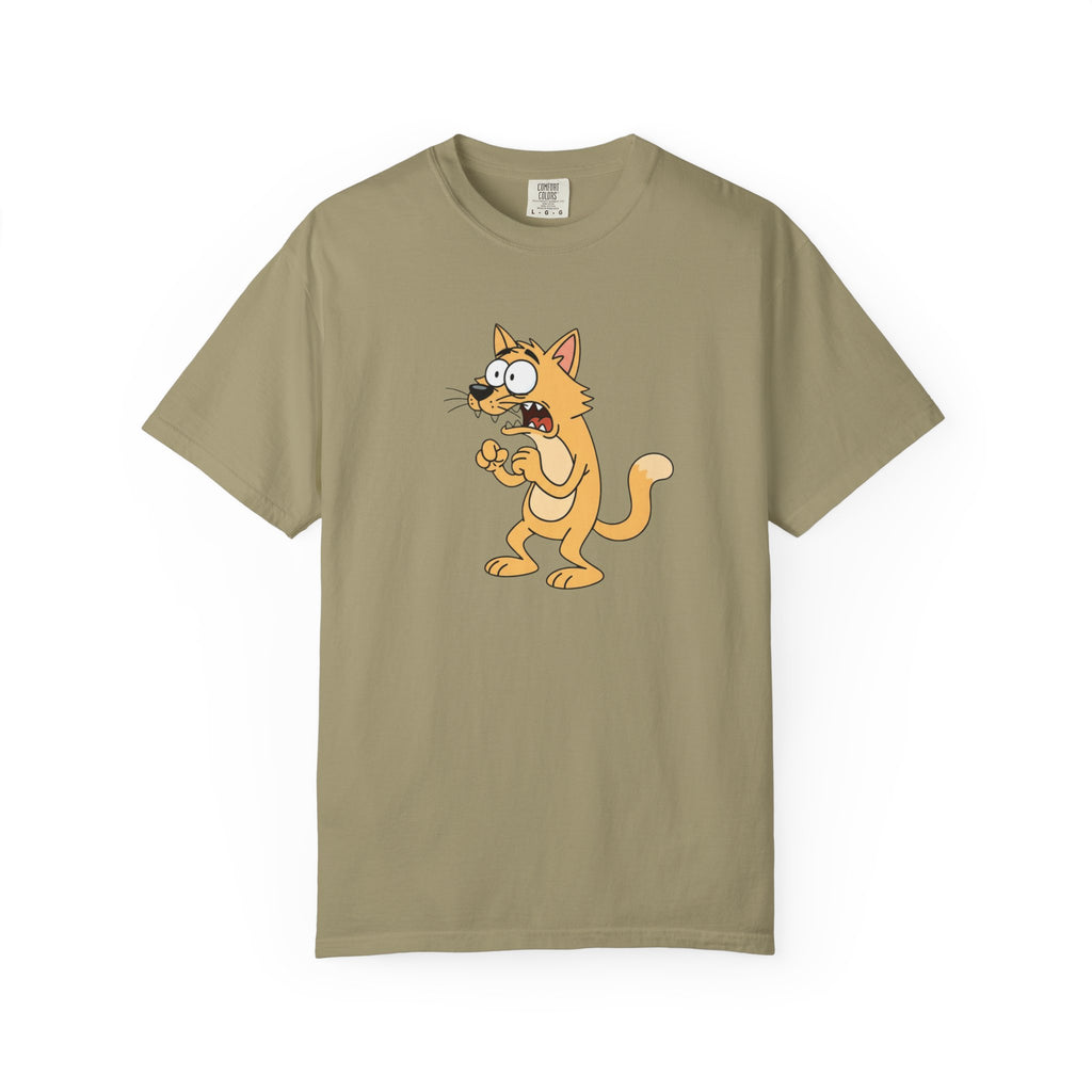 Scared Cartoon Cat T-Shirt — Funny Nervous Kitty Graphic Tee