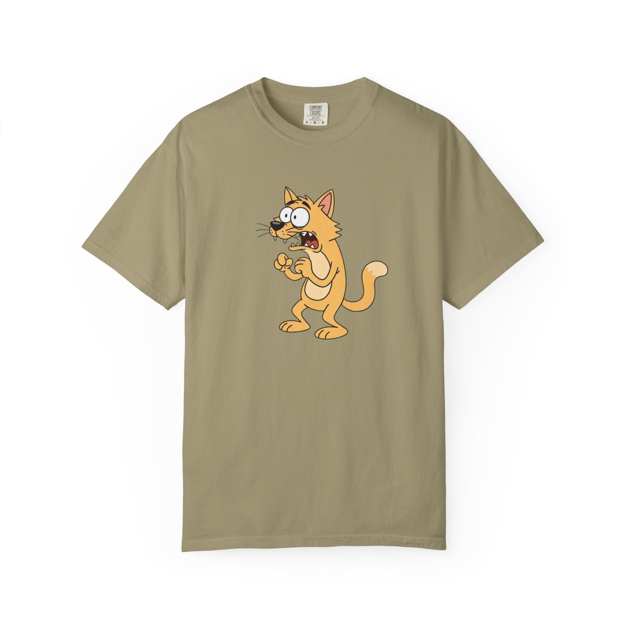 Scared Cartoon Cat T-Shirt — Funny Nervous Kitty Graphic Tee