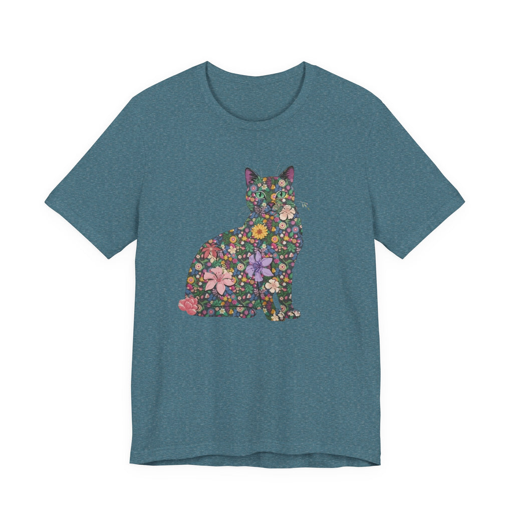 Floral Cat Silhouette Tee — Women's Cute Flower Cat T-Shirt