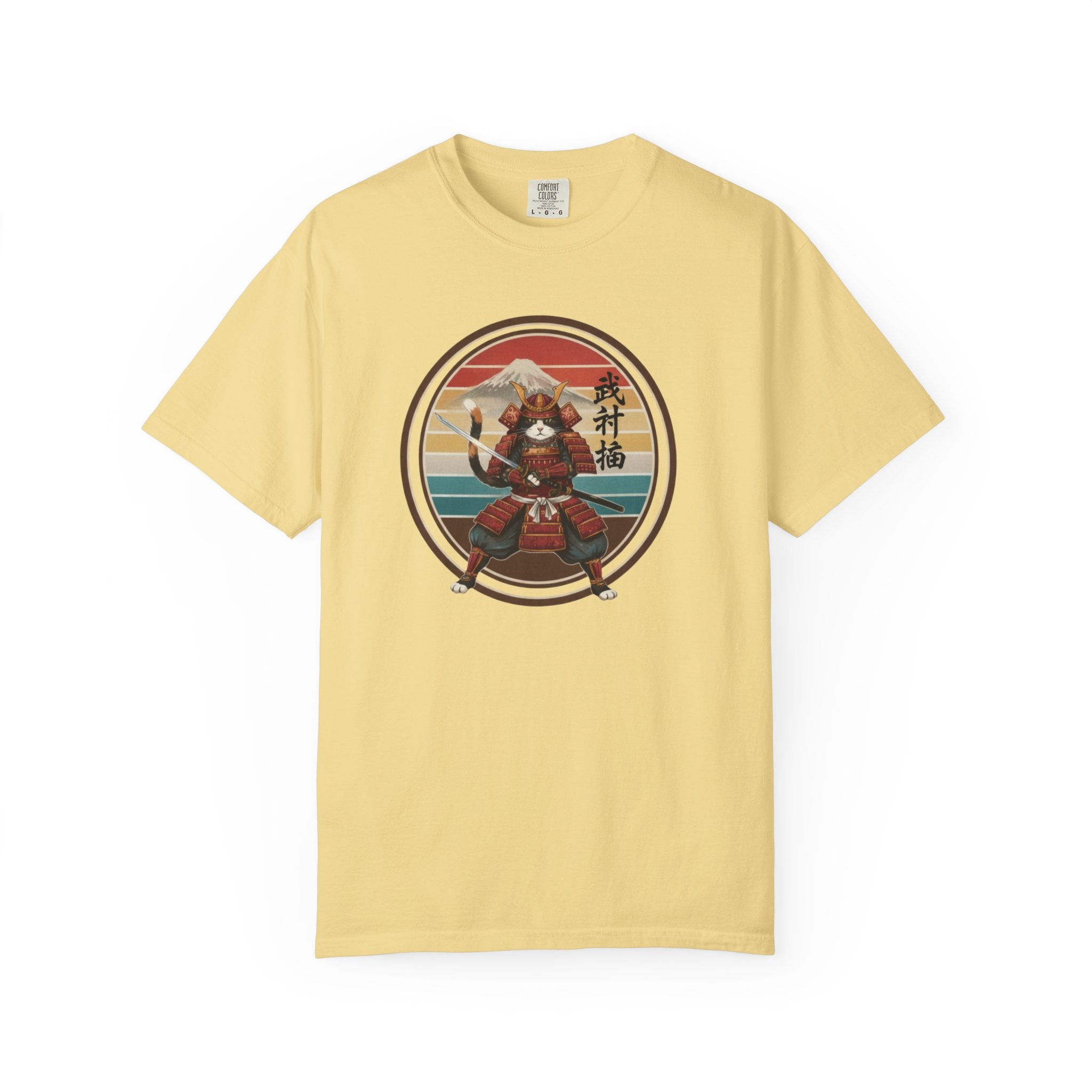 Samurai Cat at Sunset T-Shirt — Vintage Japanese Warrior Graphic Tee