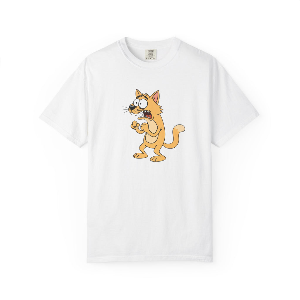 Scared Cartoon Cat T-Shirt — Funny Nervous Kitty Graphic Tee