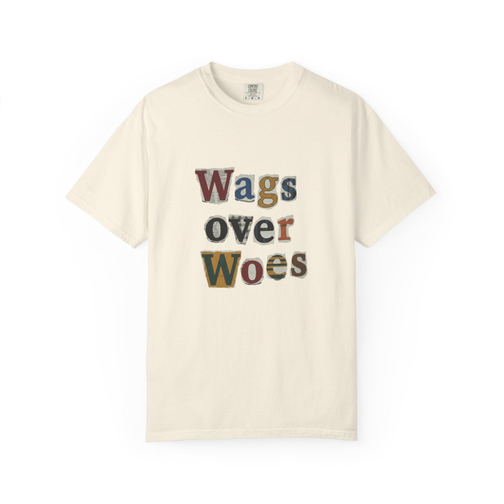 Wags Over Woes T-Shirt — Vintage Patch Lettering Dog Lover Tee Retro Design