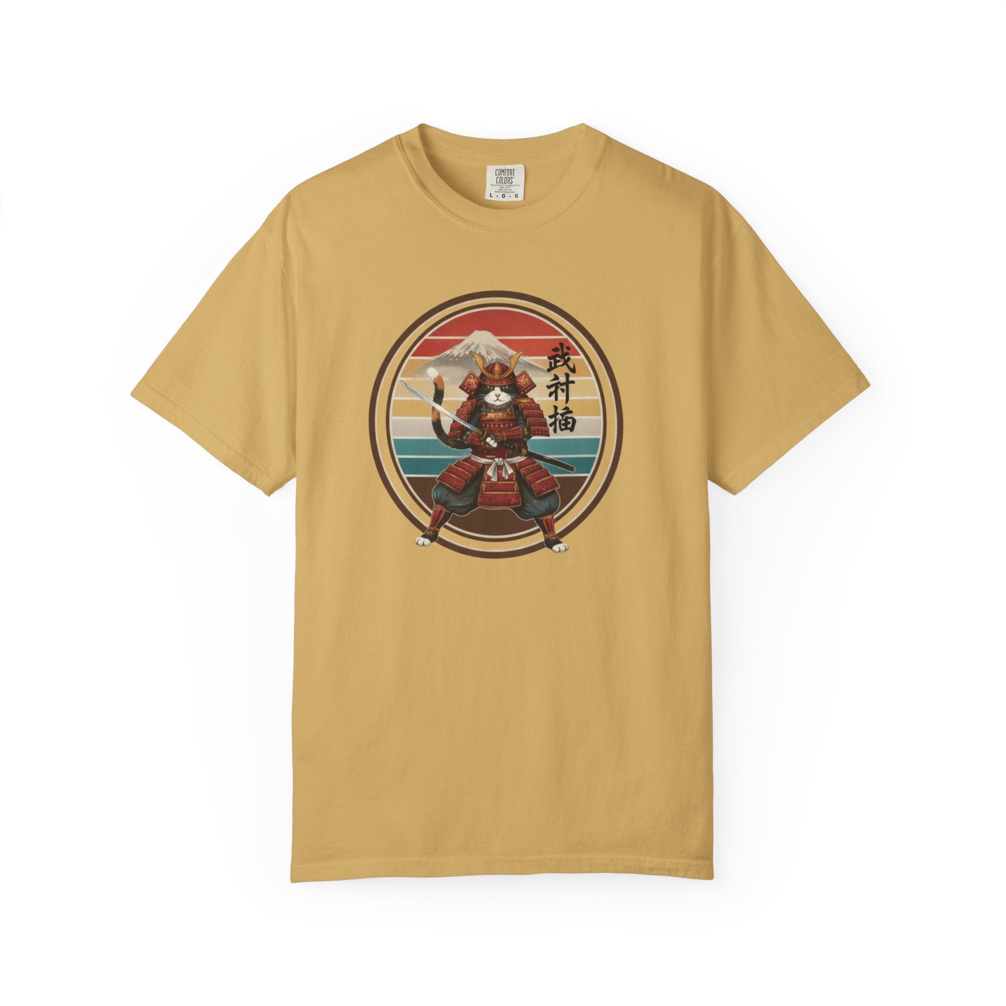 Samurai Cat at Sunset T-Shirt — Vintage Japanese Warrior Graphic Tee