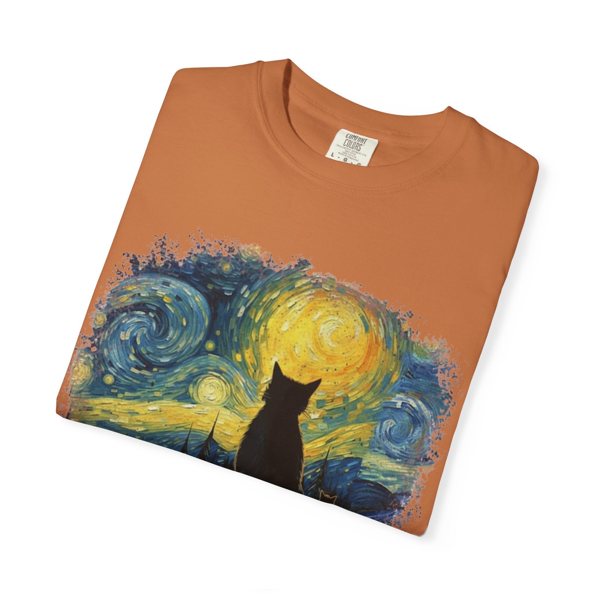 Starry Night Cat T-Shirt — Van Gogh Style Silhouette Tee