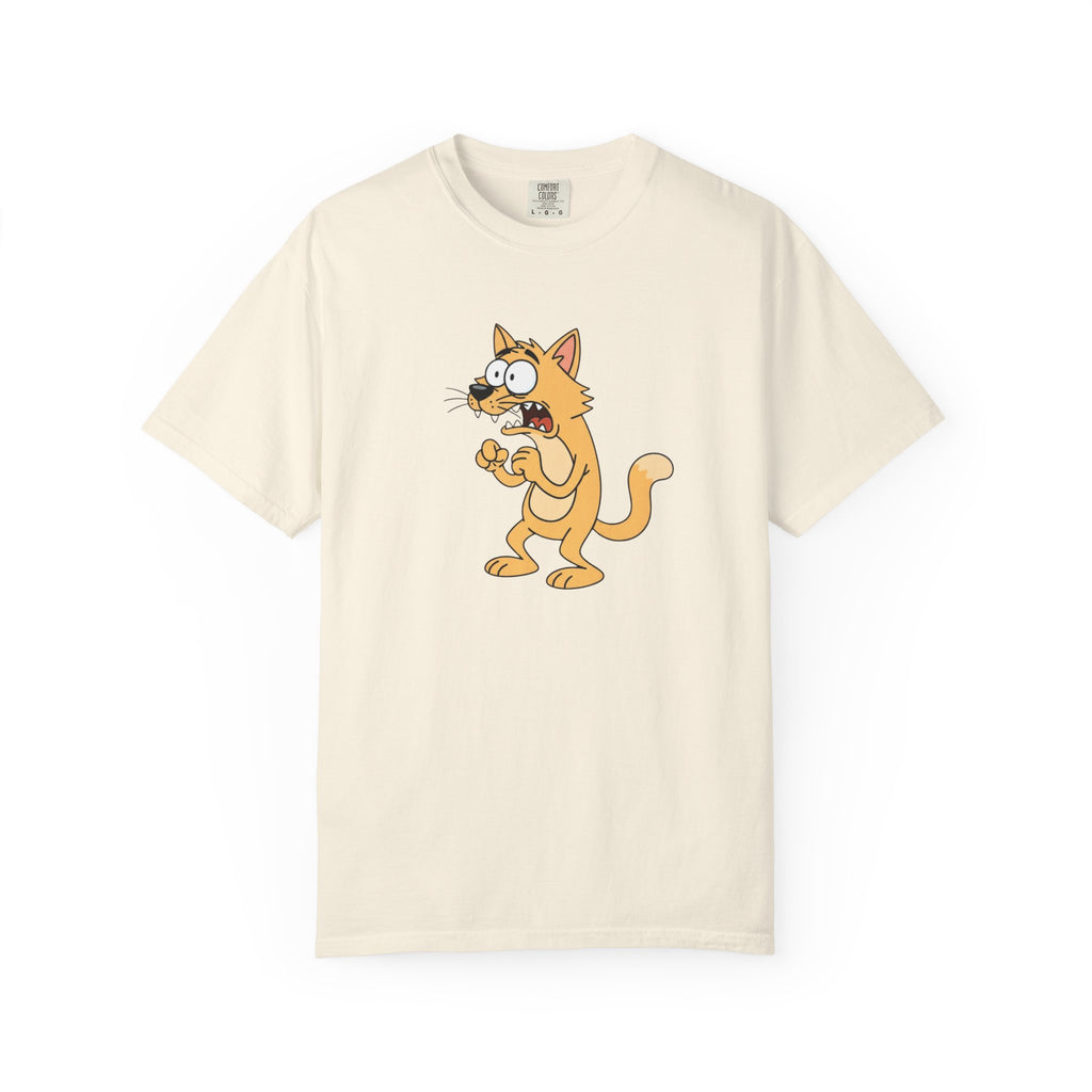Scared Cartoon Cat T-Shirt — Funny Nervous Kitty Graphic Tee