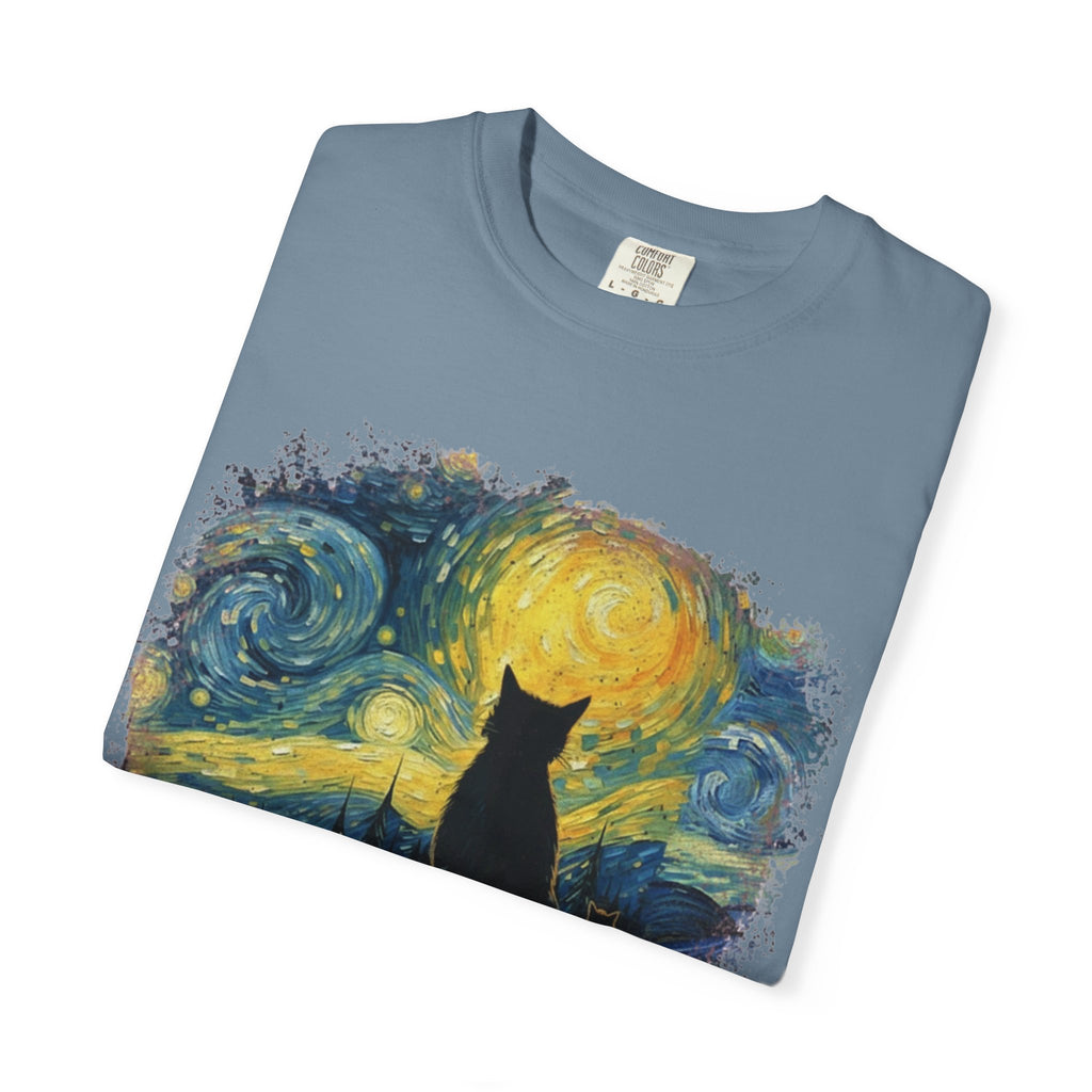 Starry Night Cat T-Shirt — Van Gogh Style Silhouette Tee