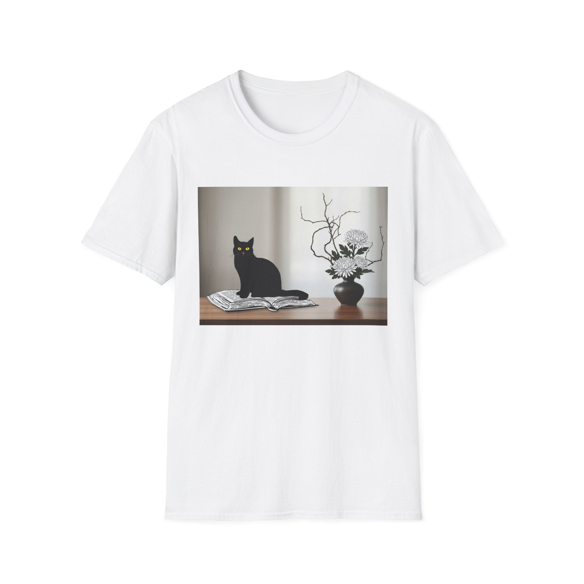 Black CatJapanese Still Life T‑Shirt — Minimalist Cat Art Tee