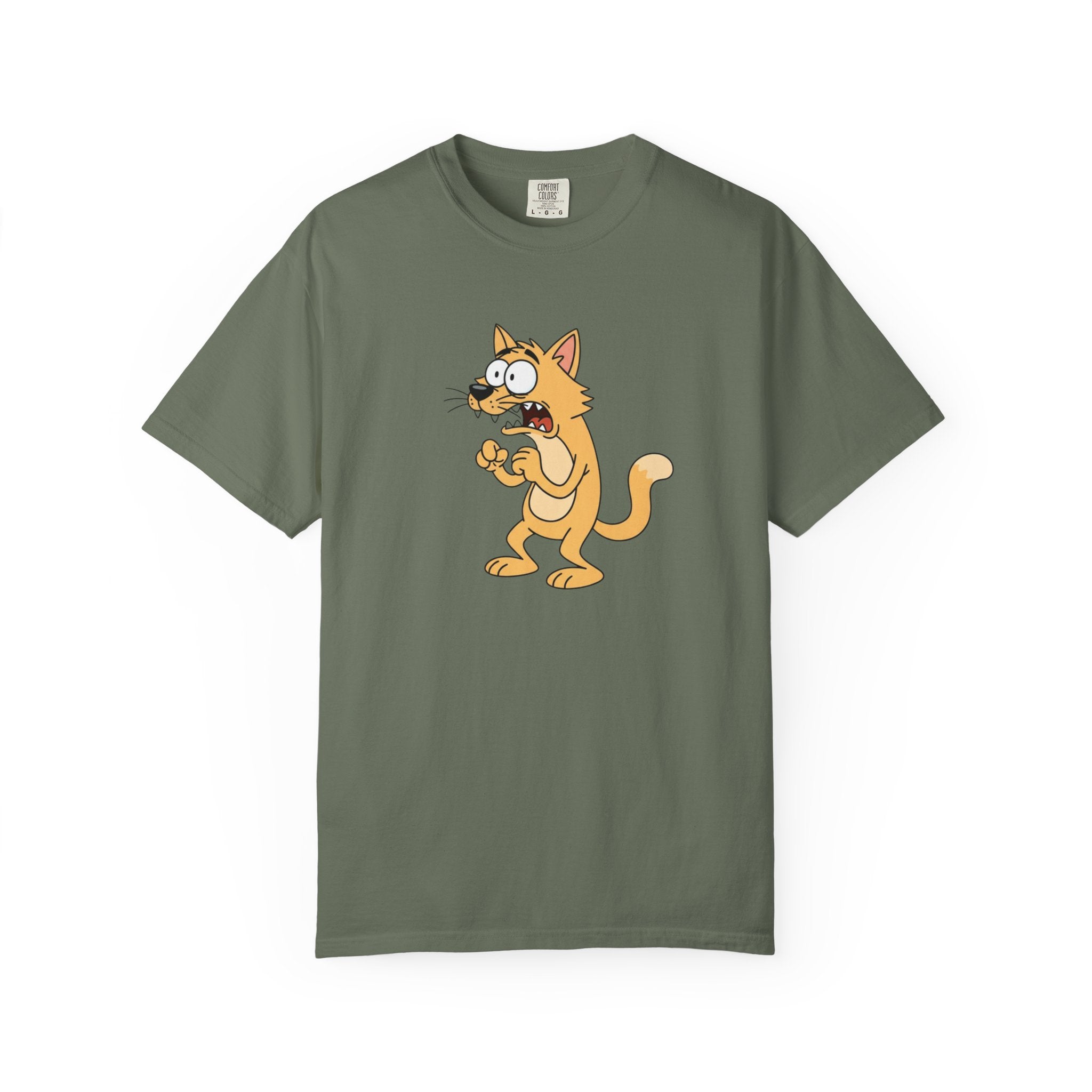 Scared Cartoon Cat T-Shirt — Funny Nervous Kitty Graphic Tee
