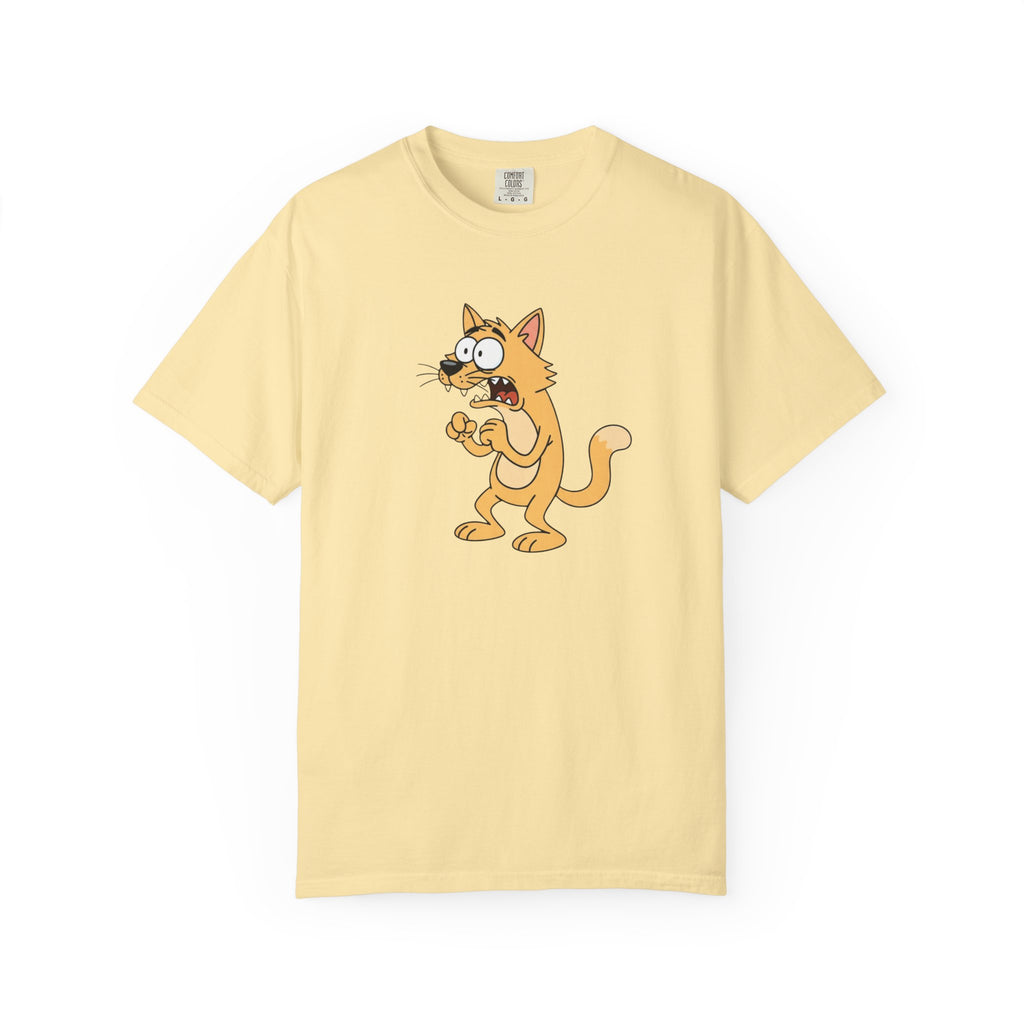 Scared Cartoon Cat T-Shirt — Funny Nervous Kitty Graphic Tee