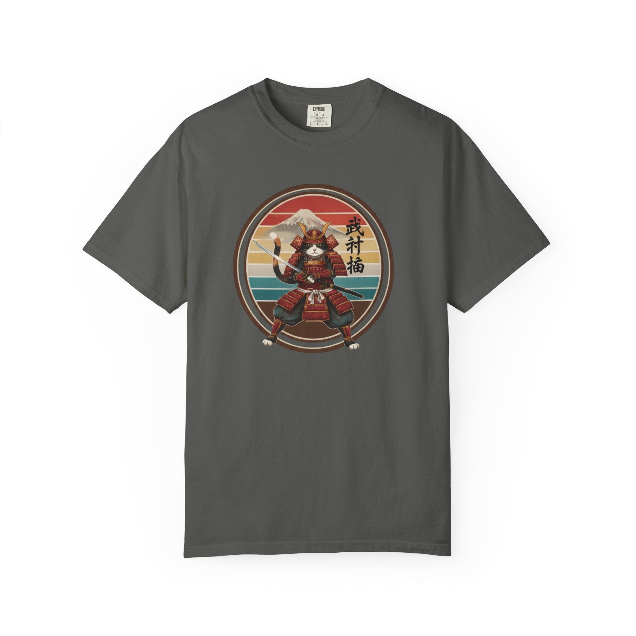 Samurai Cat at Sunset T-Shirt — Vintage Japanese Warrior Graphic Tee