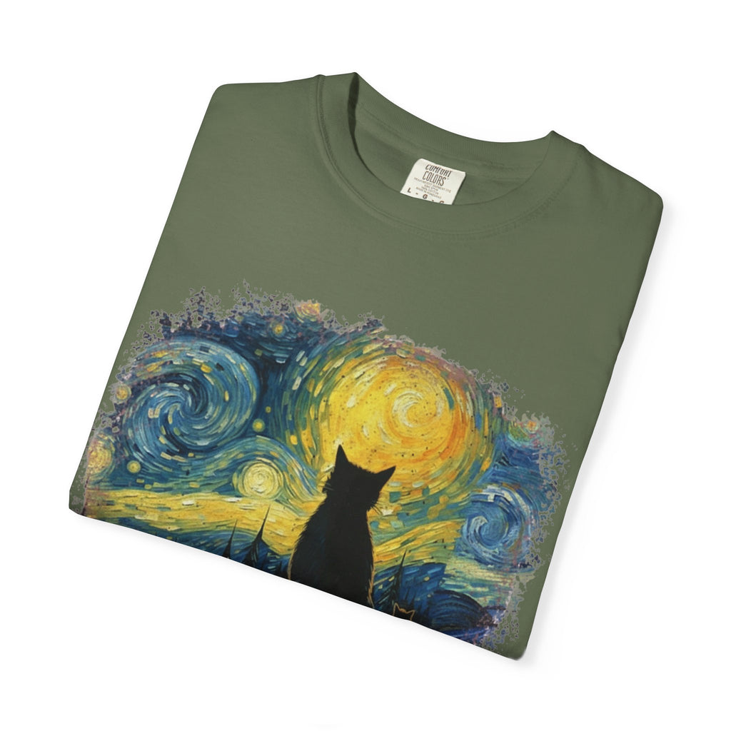Starry Night Cat T-Shirt — Van Gogh Style Silhouette Tee