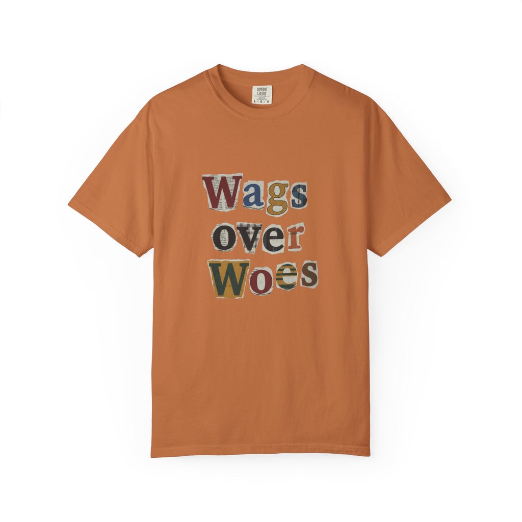 Wags Over Woes T-Shirt — Vintage Patch Lettering Dog Lover Tee Retro Design