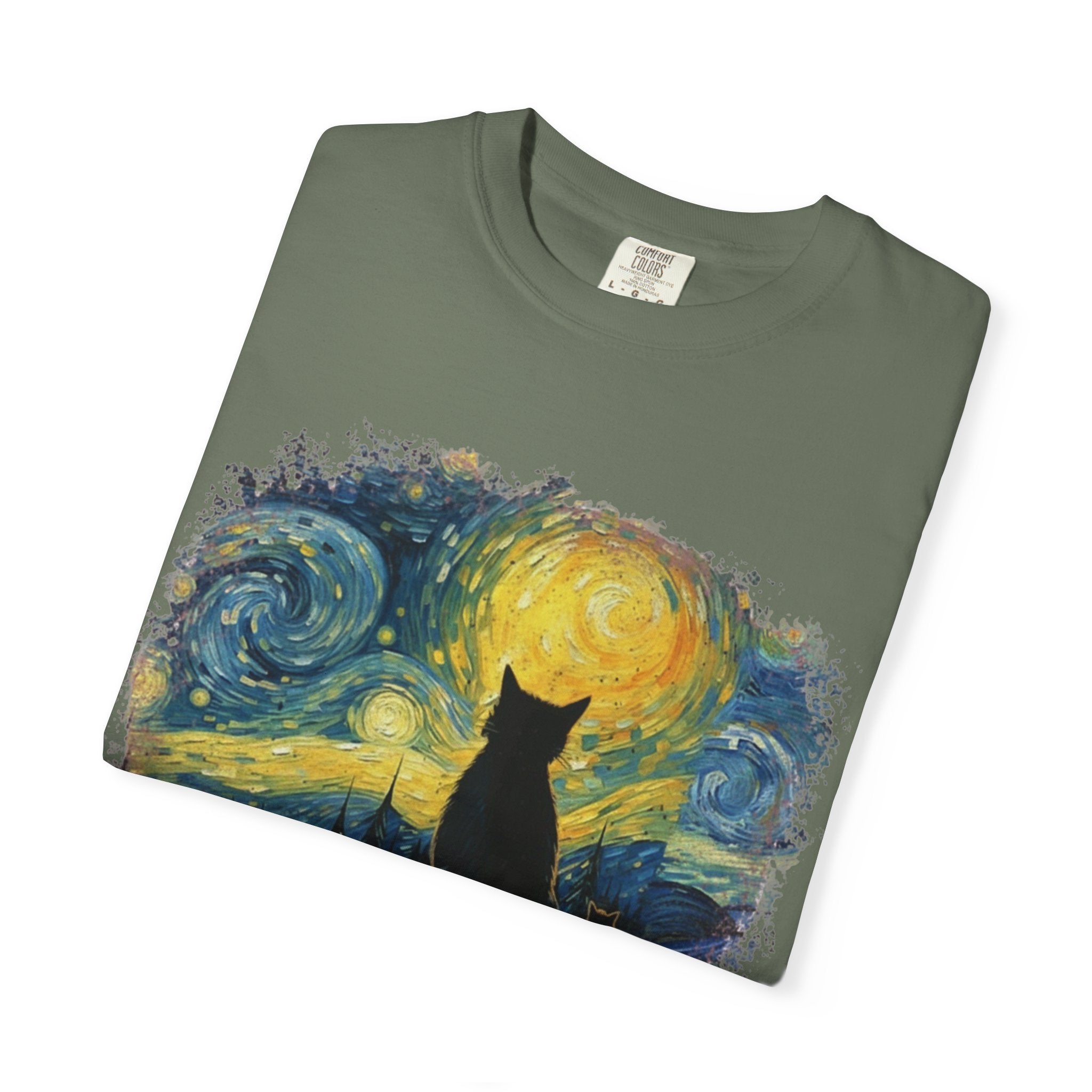 Starry Night Cat T-Shirt — Van Gogh Style Silhouette Tee