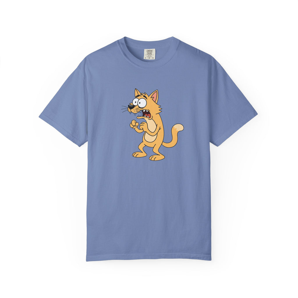 Scared Cartoon Cat T-Shirt — Funny Nervous Kitty Graphic Tee