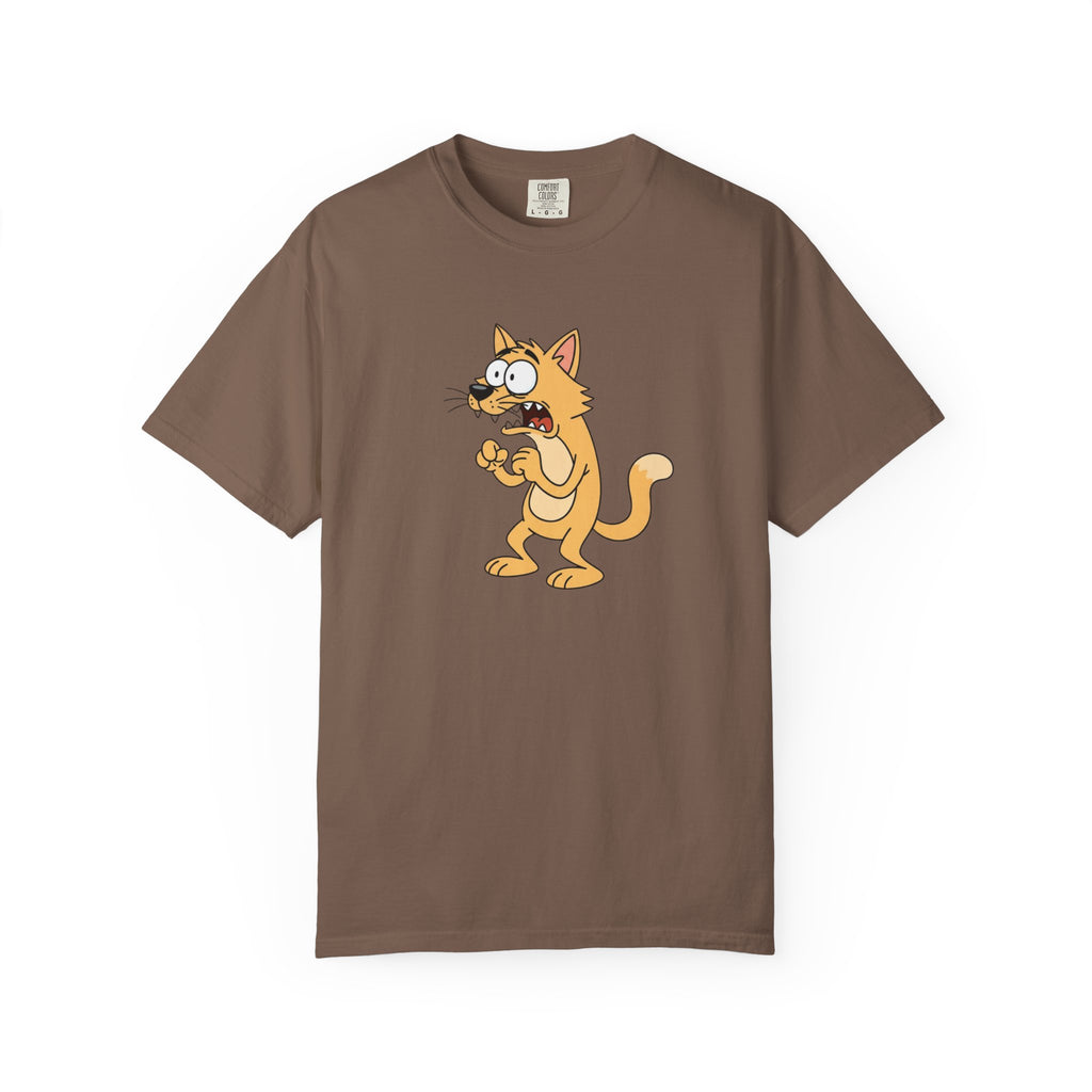 Scared Cartoon Cat T-Shirt — Funny Nervous Kitty Graphic Tee