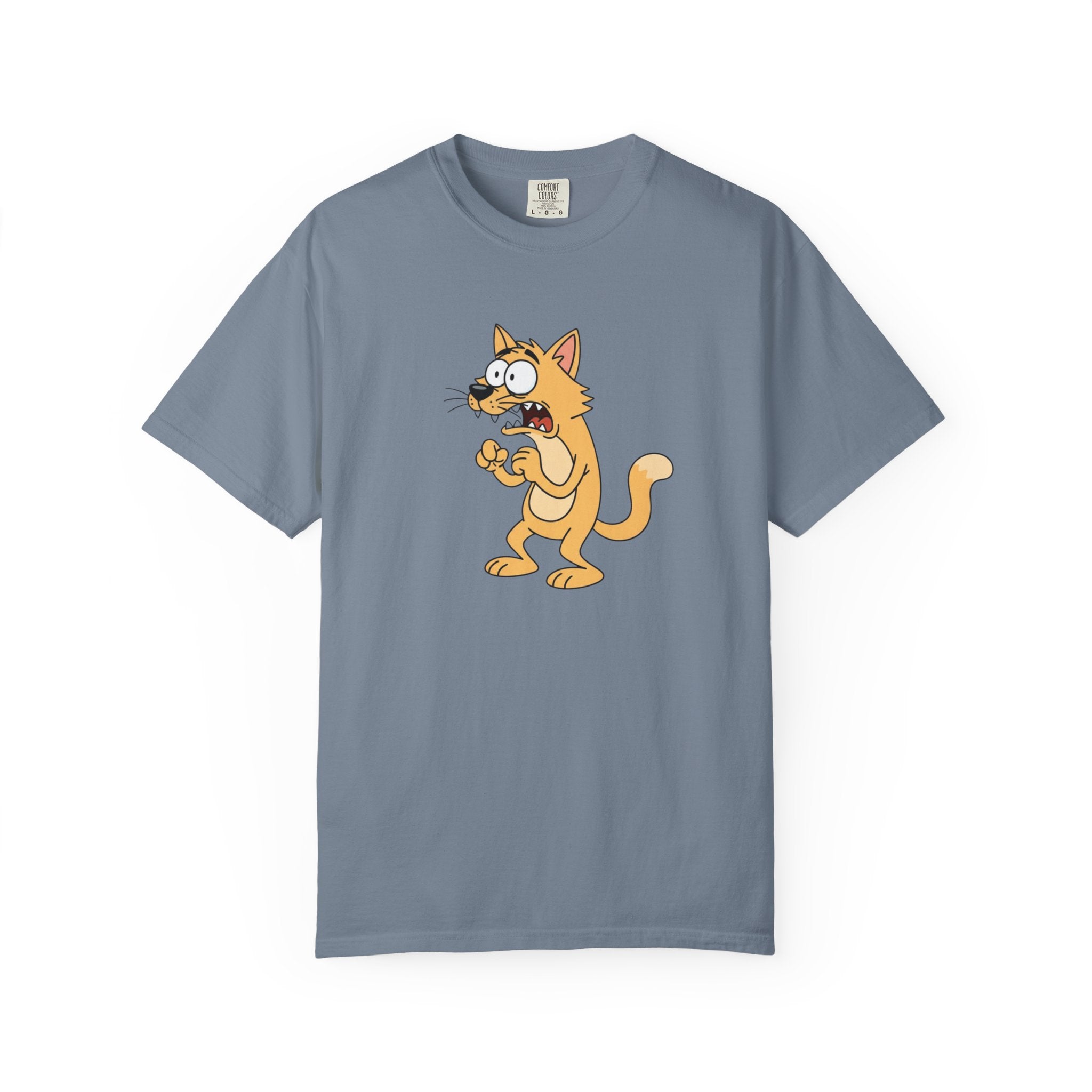 Scared Cartoon Cat T-Shirt — Funny Nervous Kitty Graphic Tee