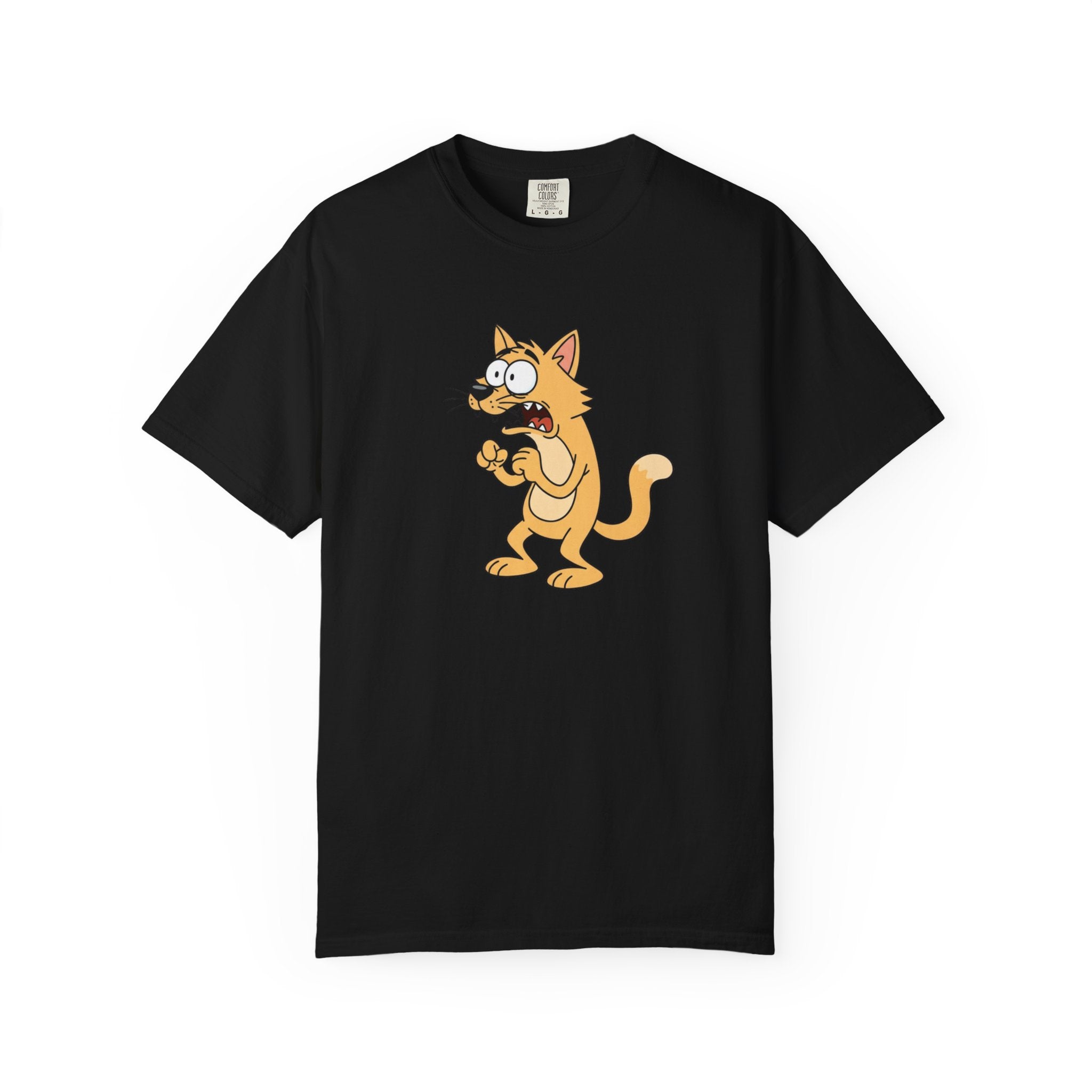 Scared Cartoon Cat T-Shirt — Funny Nervous Kitty Graphic Tee