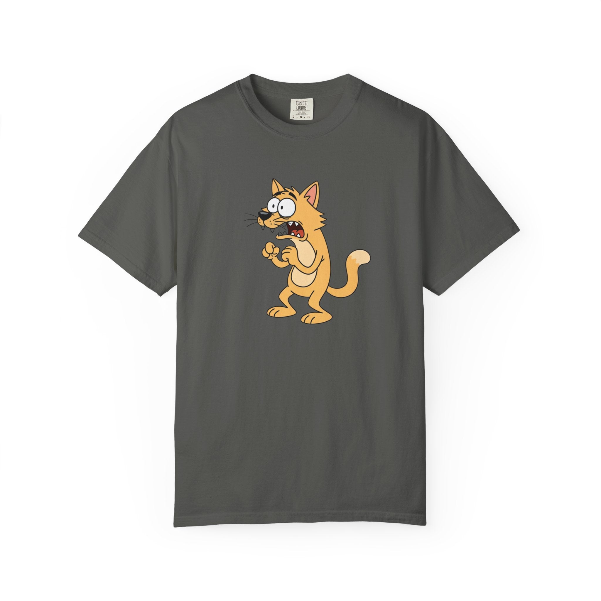 Scared Cartoon Cat T-Shirt — Funny Nervous Kitty Graphic Tee