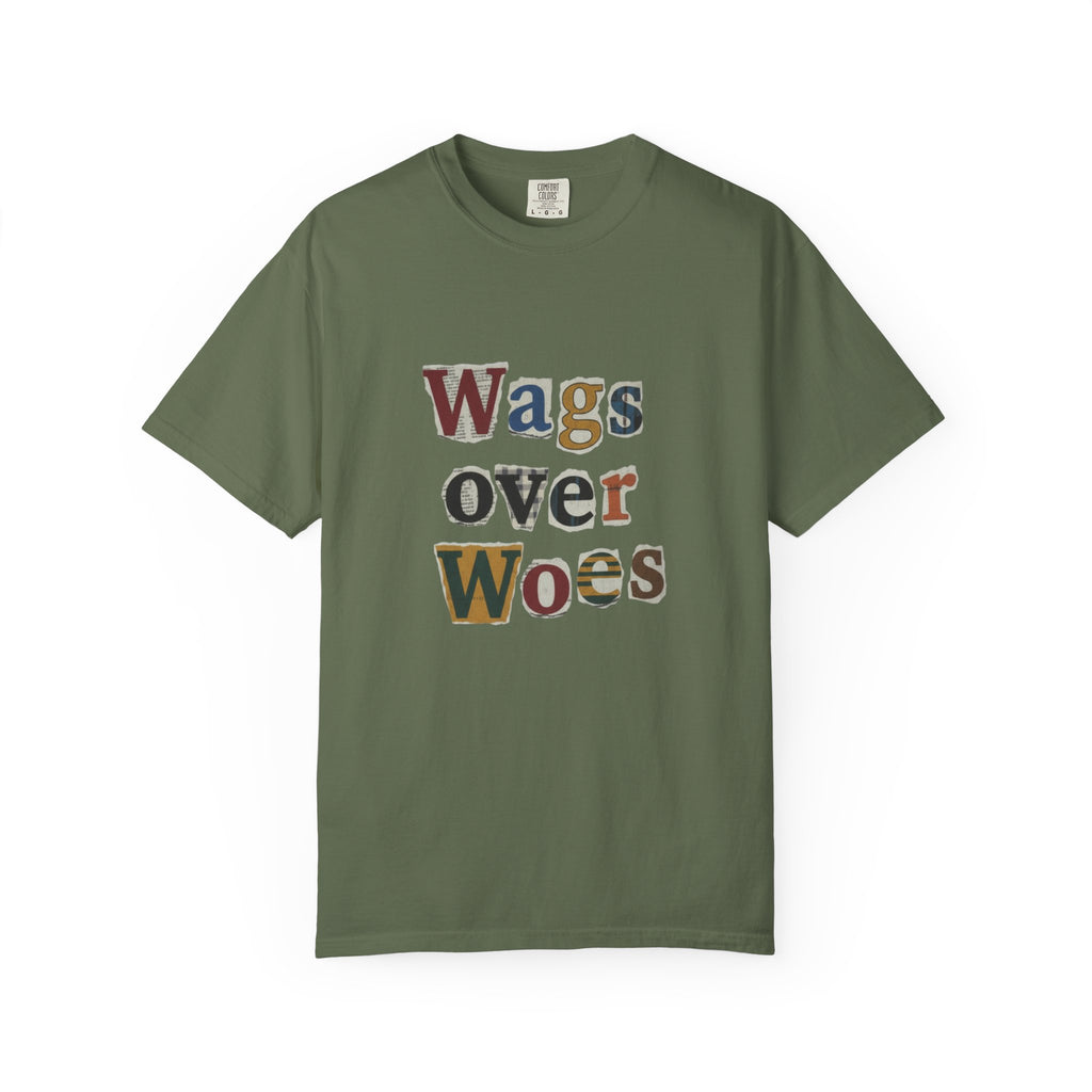 Wags Over Woes T-Shirt — Vintage Patch Lettering Dog Lover Tee Retro Design
