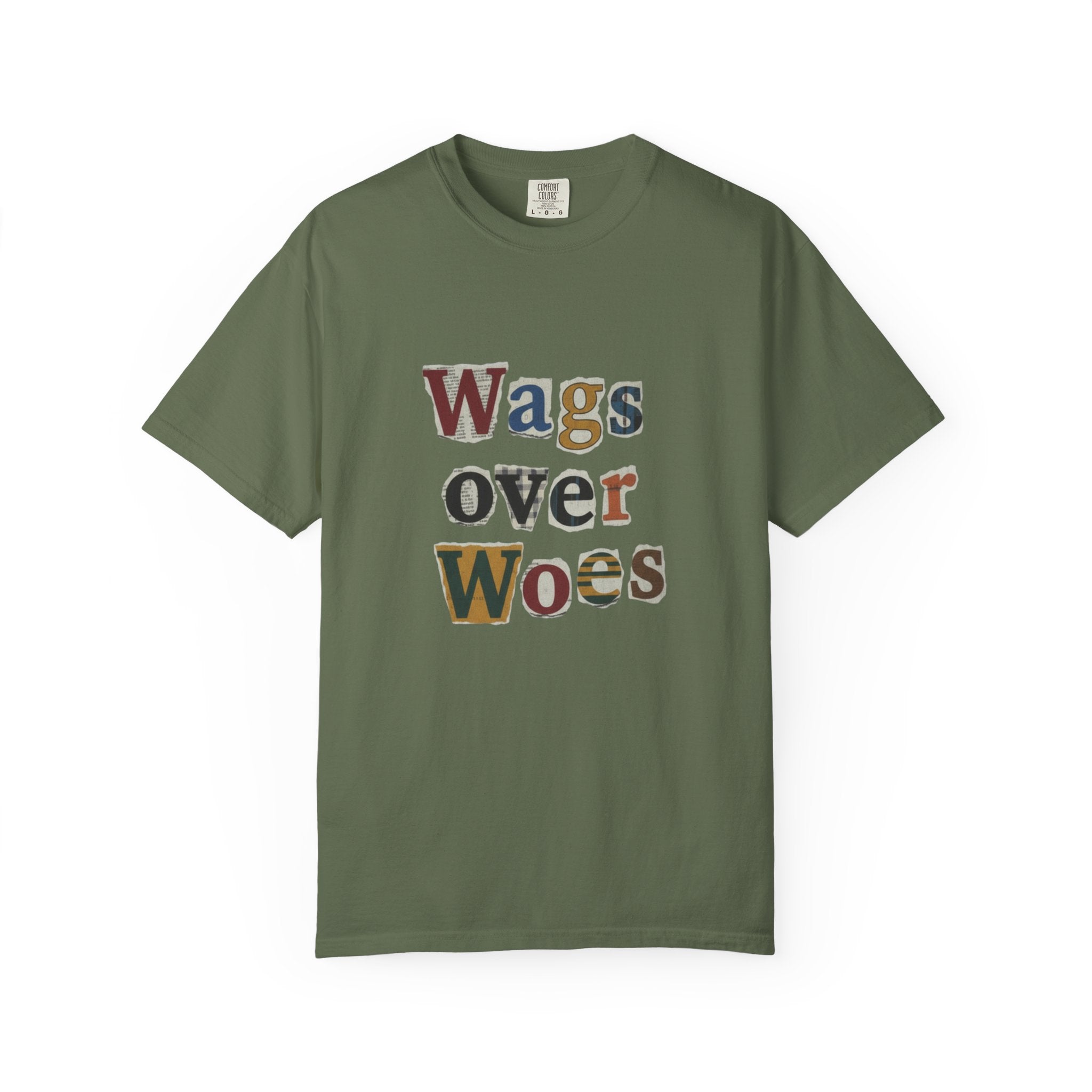 Wags Over Woes T-Shirt — Vintage Patch Lettering Dog Lover Tee Retro Design