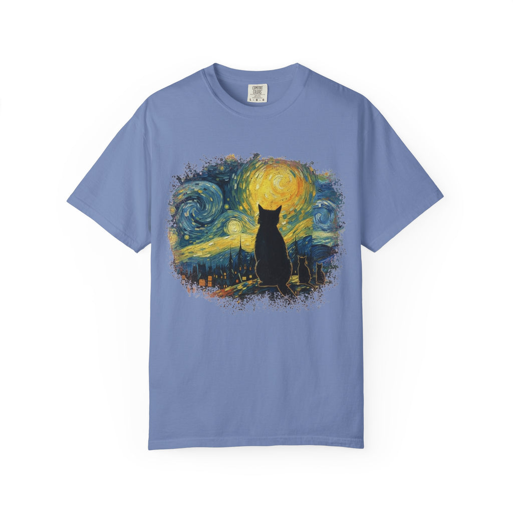Starry Night Cat T-Shirt — Van Gogh Style Silhouette Tee