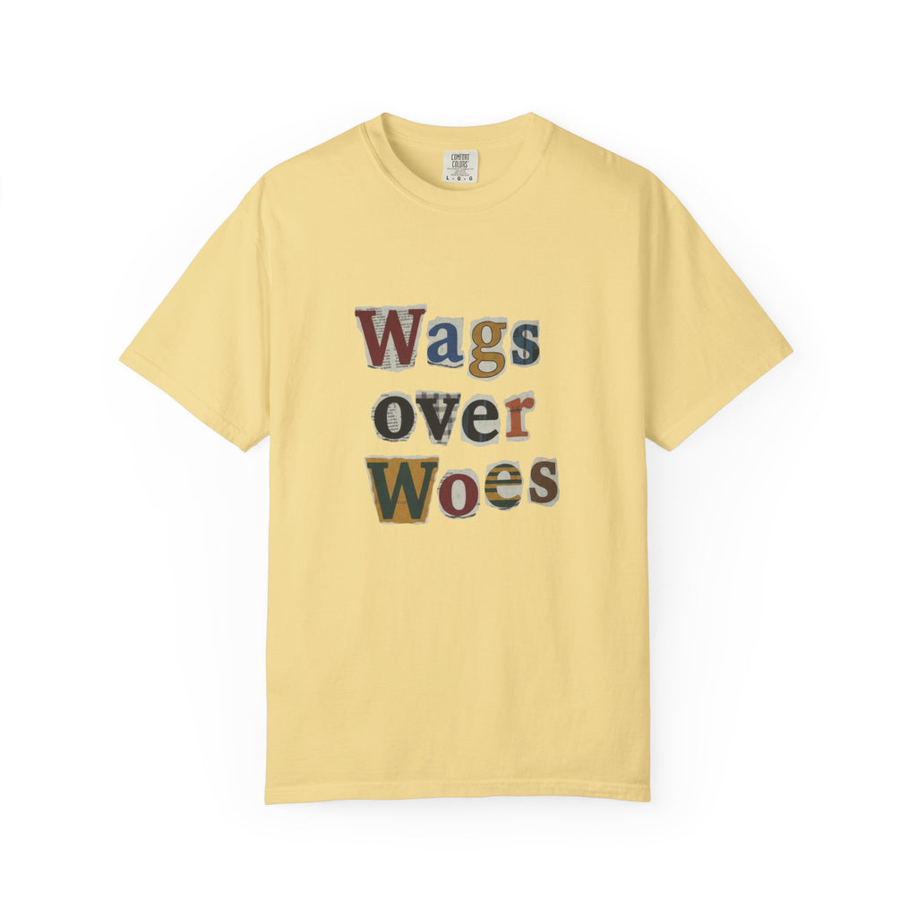 Wags Over Woes T-Shirt — Vintage Patch Lettering Dog Lover Tee Retro Design