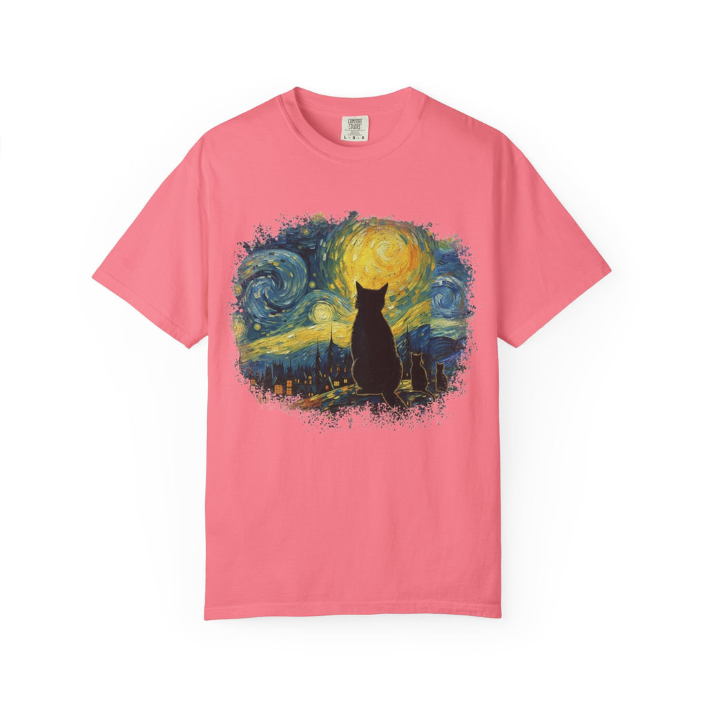 Starry Night Cat T-Shirt — Van Gogh Style Silhouette Tee