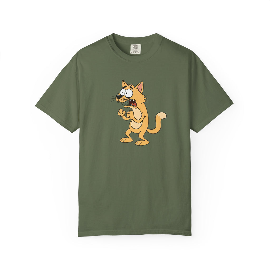 Scared Cartoon Cat T-Shirt — Funny Nervous Kitty Graphic Tee