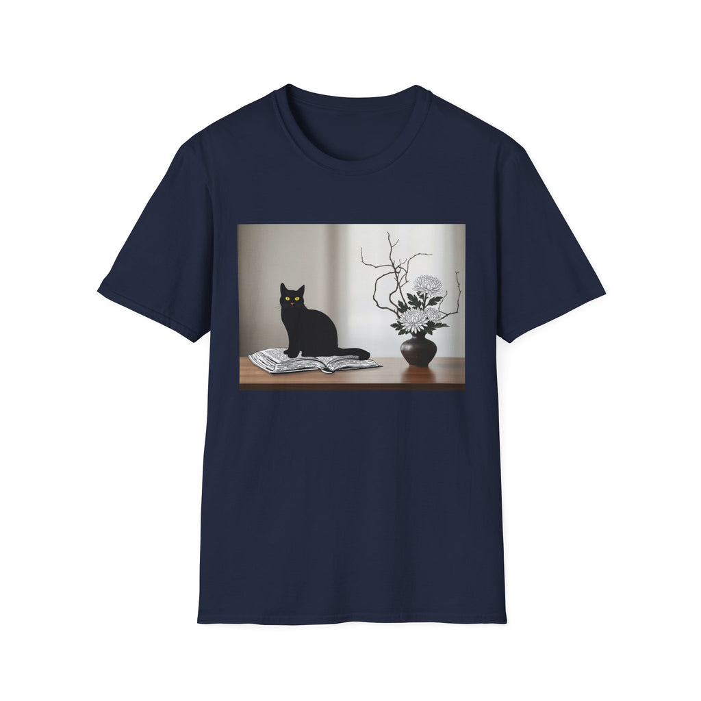 Black CatJapanese Still Life T‑Shirt — Minimalist Cat Art Tee