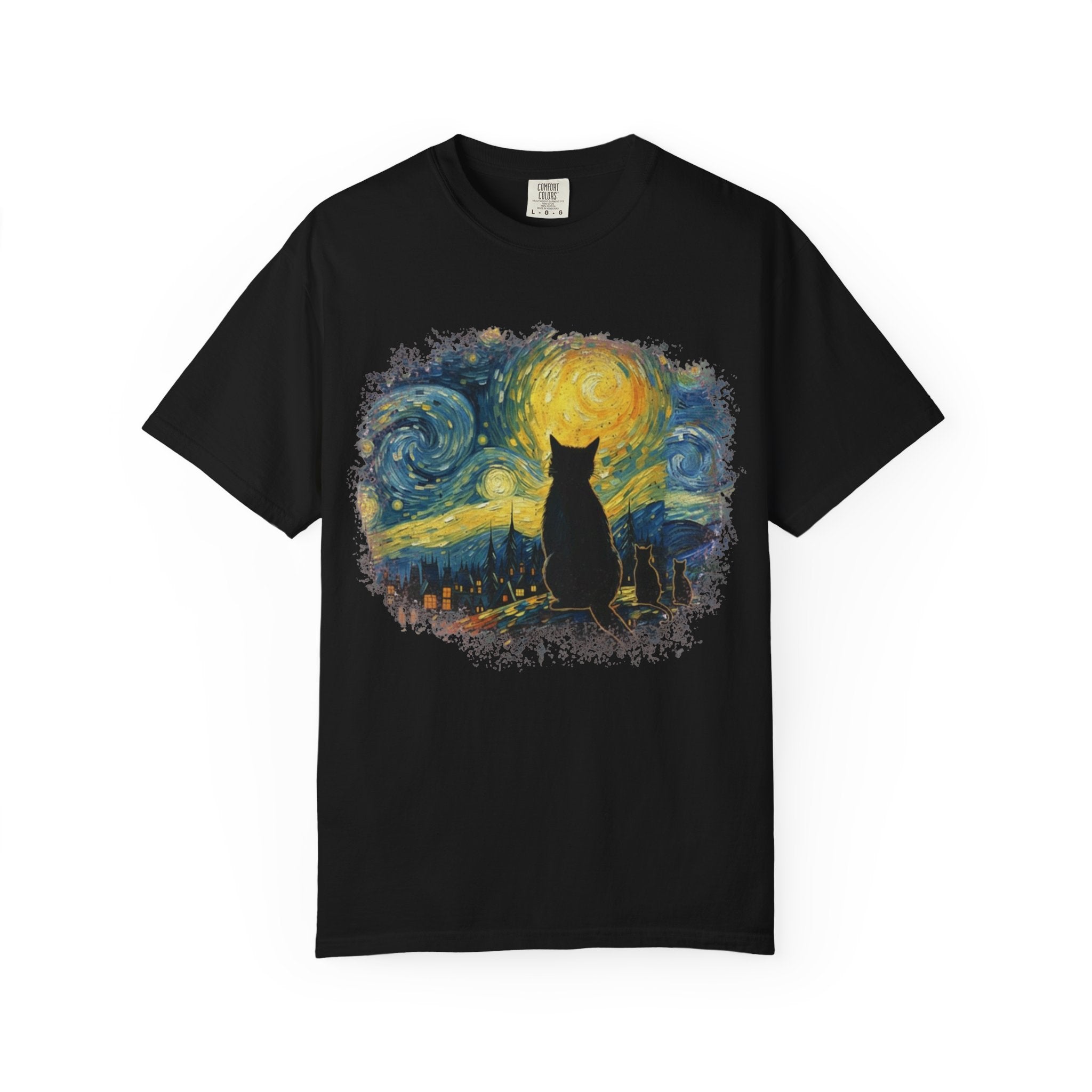 Starry Night Cat T-Shirt — Van Gogh Style Silhouette Tee